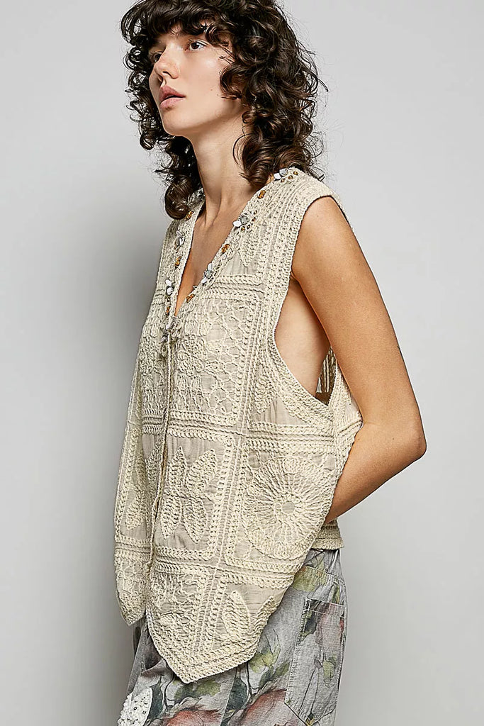 Lace Trim Embroidered Floral Crochet Vest by POL