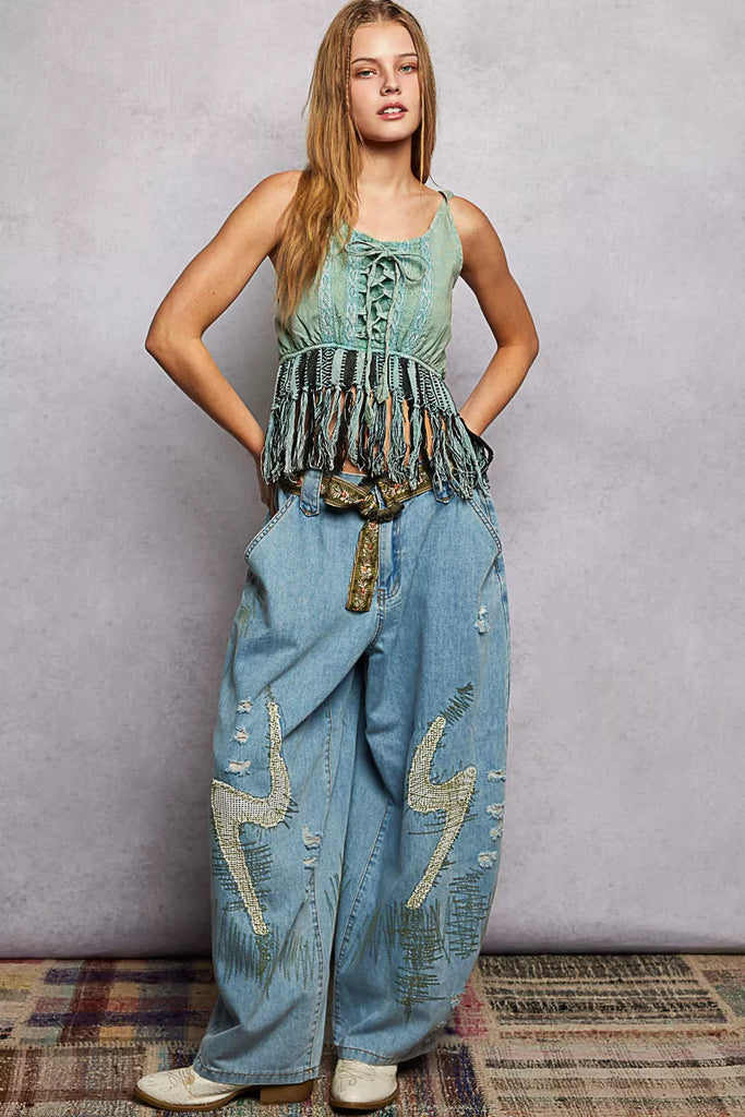 Lace-Up Fringe Hem Tank with Lace Detail by POL