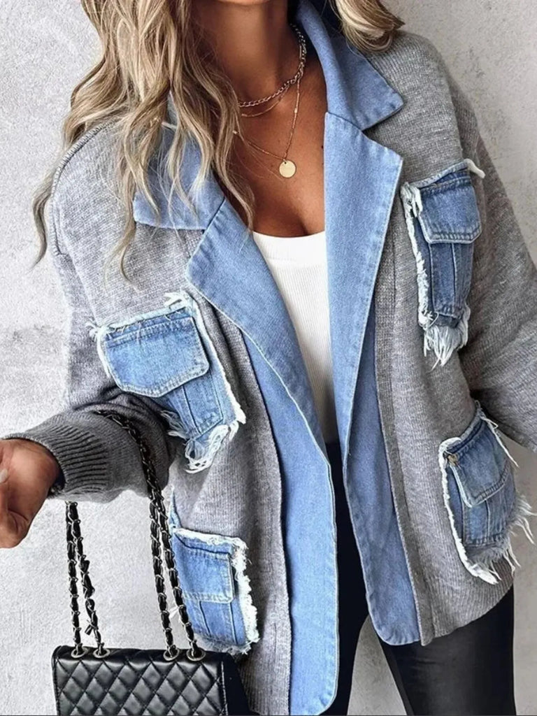 All You Need Is Denim Raw Hem Pocket Patchwork Cardigan