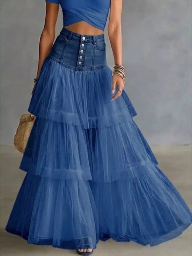 Barn Night Denim and Tulle Maxi Skirt