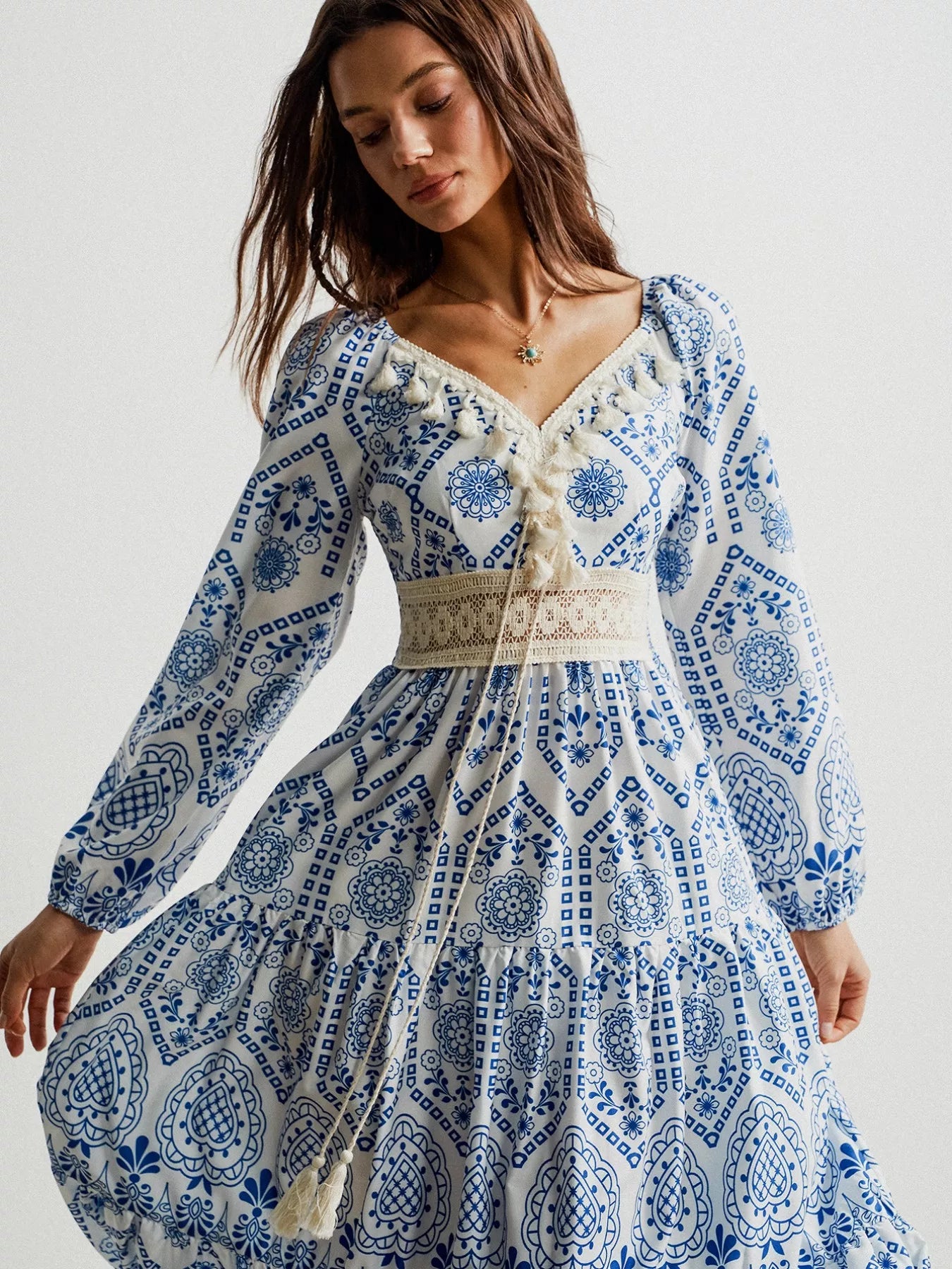 Bohemian Print Midi Dress with Tassel Detail Bohemian Print Midi Dress with Tassel Detail