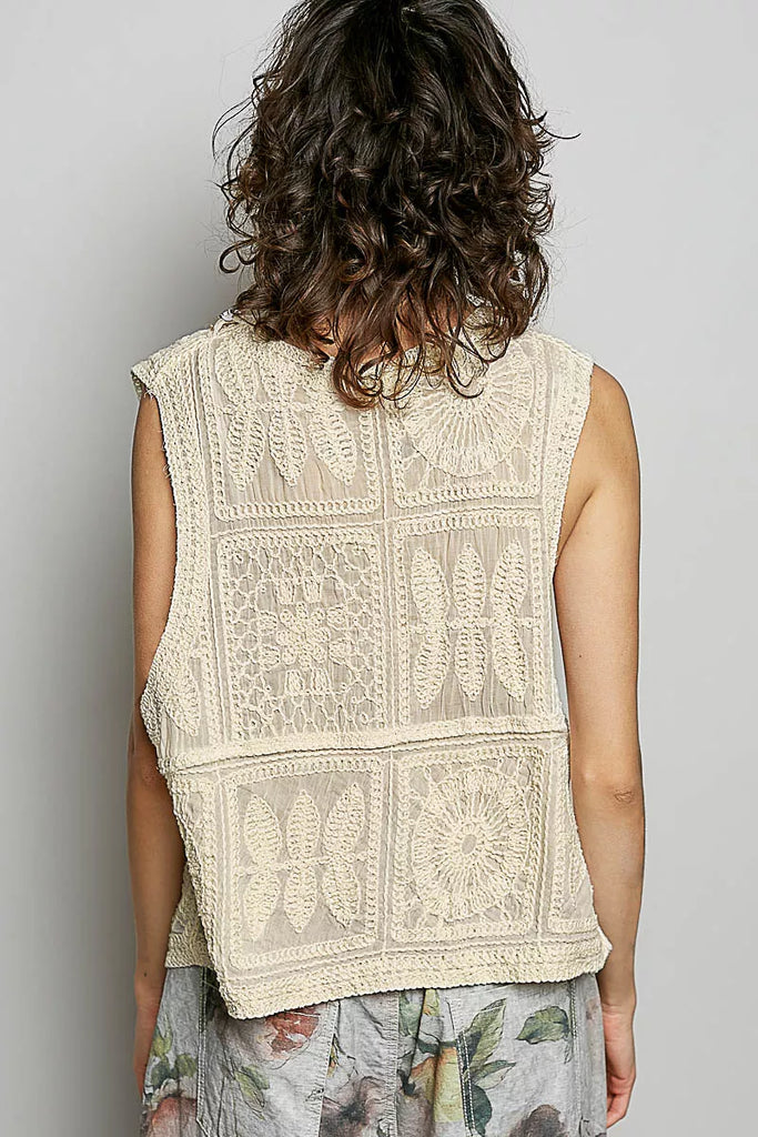 Lace Trim Embroidered Floral Crochet Vest by POL