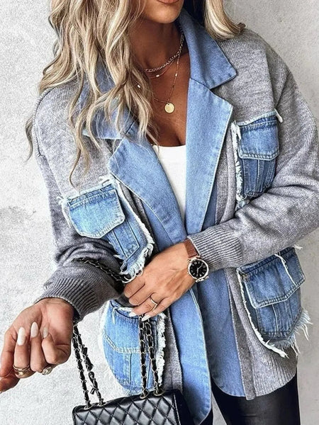 All You Need Is Denim Raw Hem Pocket Patchwork Cardigan