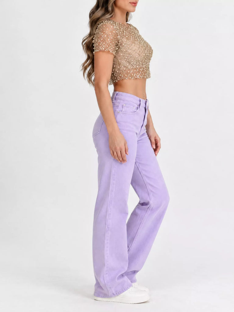 Gallivanting Around Sheer Mesh Pearl Embellished Crop Top