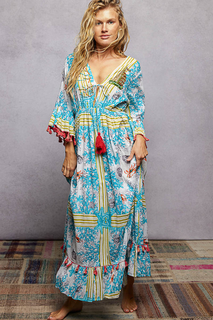 Sealife Bohemian Print Tassel Trim Maxi Dress by POL