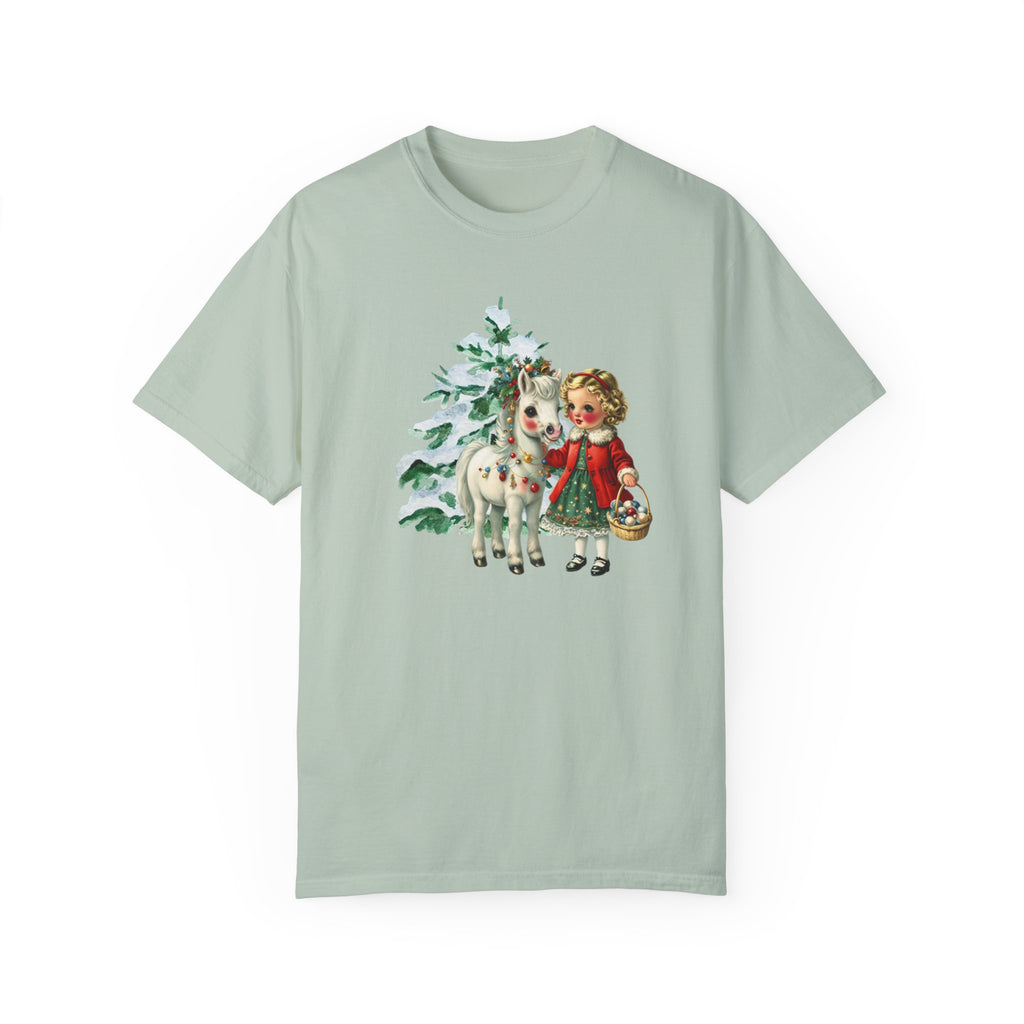 Retro 1950s Vintage Christmas Girl and Pony Horse Shirt