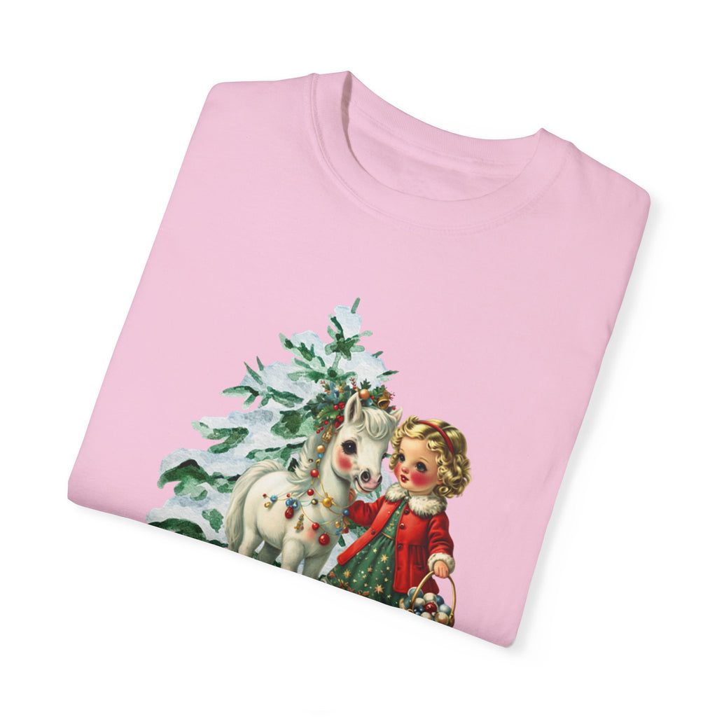 Retro 1950s Vintage Christmas Girl and Pony Horse Shirt
