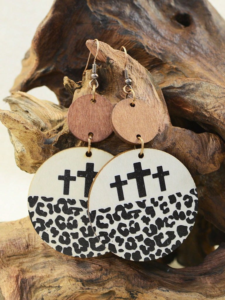 Leopard Cross Wooden Earrings