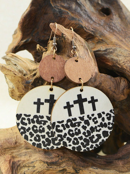 Leopard Cross Wooden Earrings
