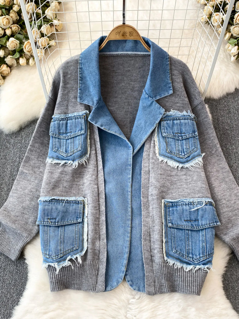 All You Need Is Denim Raw Hem Pocket Patchwork Cardigan
