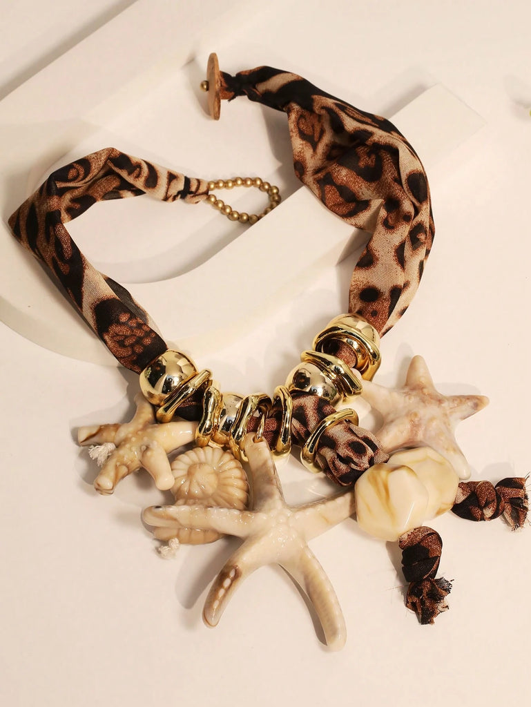 Bohemian Beachy Starfish and Shell Pendant Scarf Bandana Necklace