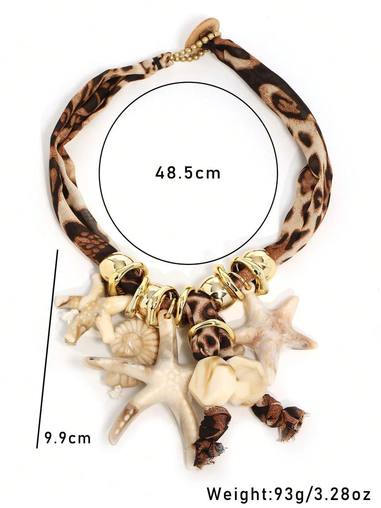 Bohemian Beachy Starfish and Shell Pendant Scarf Bandana Necklace