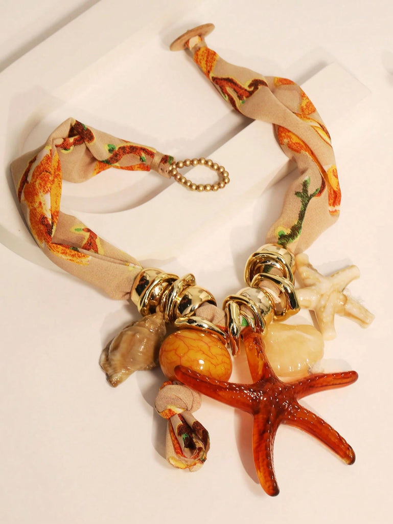 Bohemian Beachy Starfish and Shell Pendant Scarf Bandana Necklace