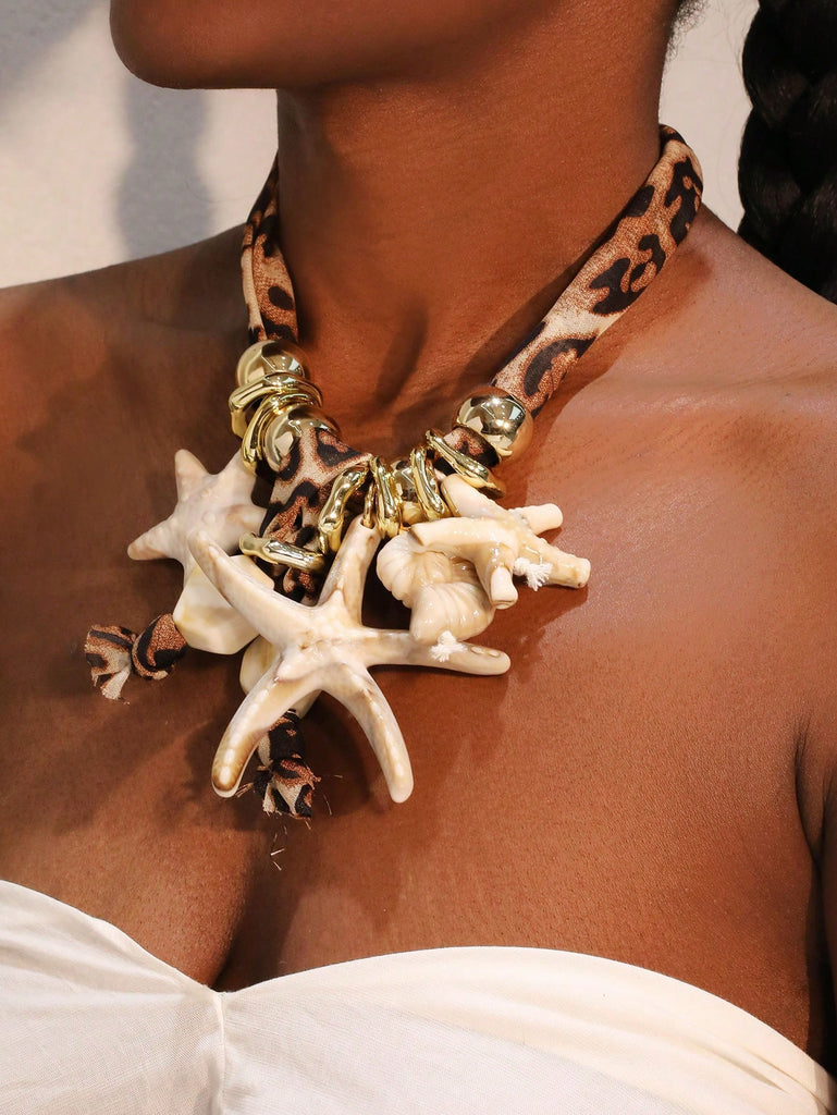 Bohemian Beachy Starfish and Shell Pendant Scarf Bandana Necklace