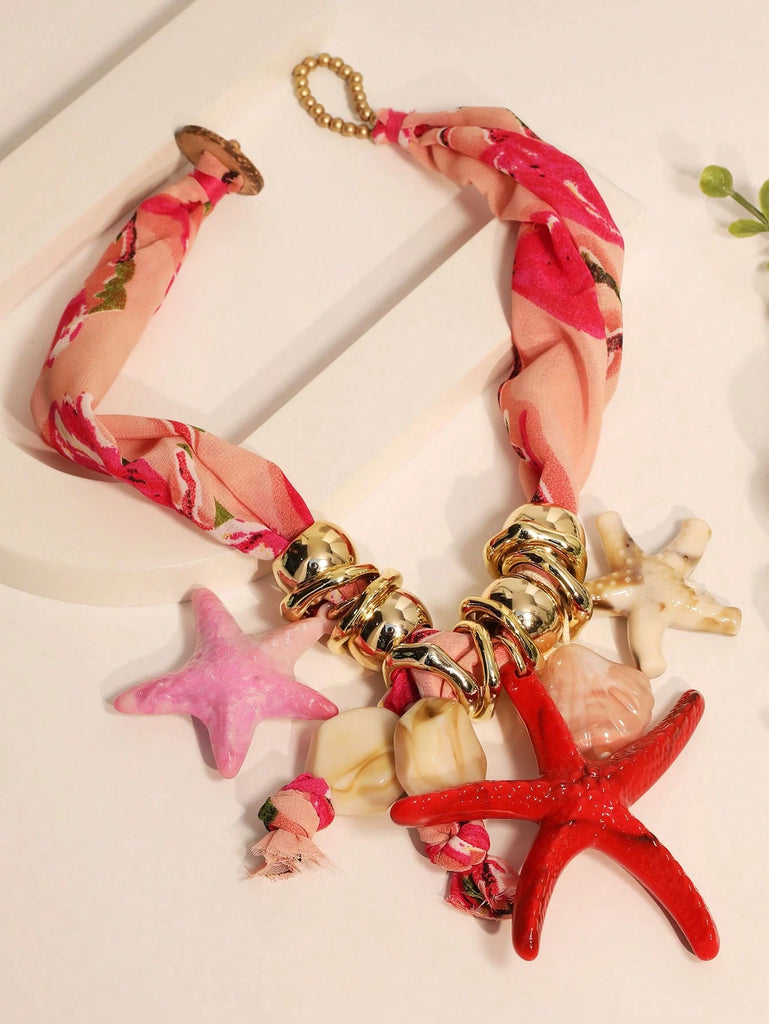 Bohemian Beachy Starfish and Shell Pendant Scarf Bandana Necklace