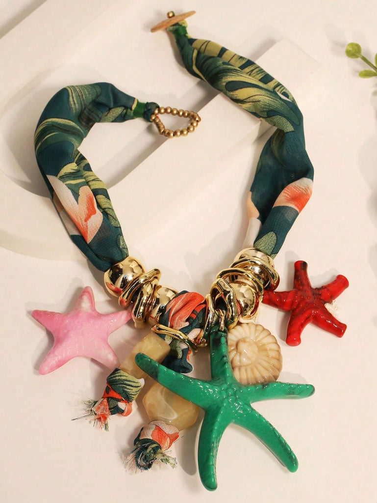 Bohemian Beachy Starfish and Shell Pendant Scarf Bandana Necklace