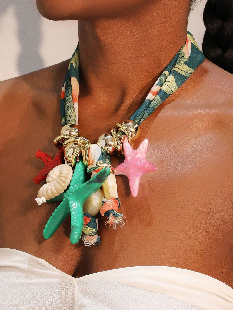 Bohemian Beachy Starfish and Shell Pendant Scarf Bandana Necklace
