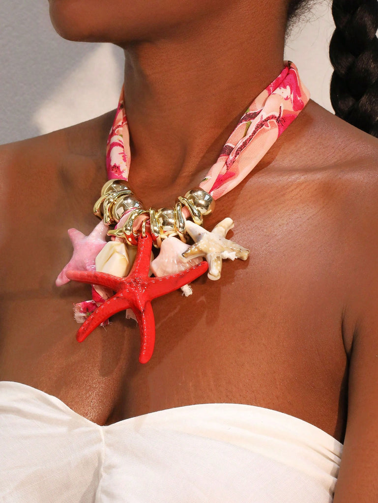 Bohemian Beachy Starfish and Shell Pendant Scarf Bandana Necklace