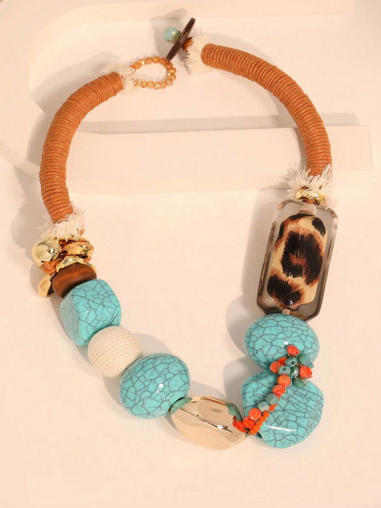 Boho Crackle Bead Leopard Print Braided Cord Necklace