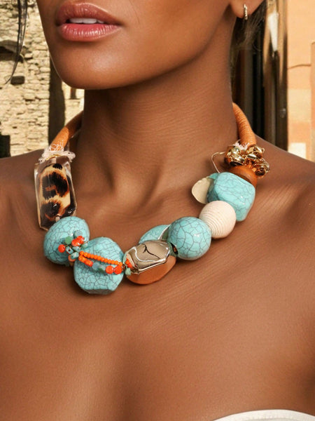 Boho Crackle Bead Leopard Print Braided Cord Necklace
