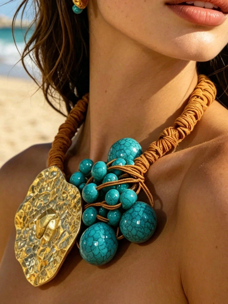 Turquoise Beaded Hammered Pendant Necklace