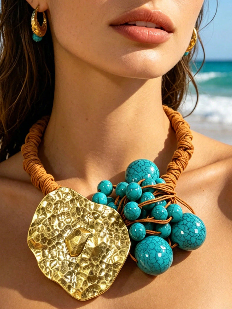 Turquoise Beaded Hammered Pendant Necklace