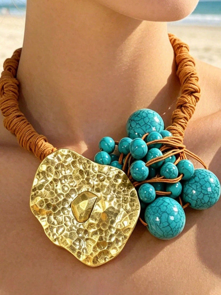 Turquoise Beaded Hammered Pendant Necklace