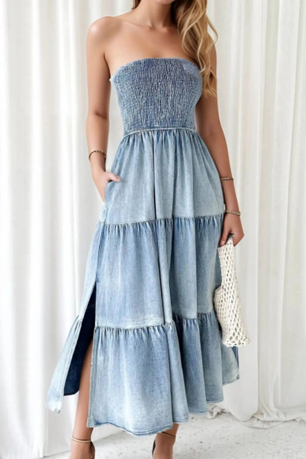 denim dress slit Main Strip Sleeveless Side Slit Denim Midi Dress