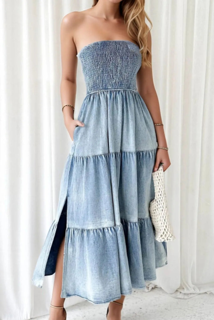 Judy Blue Eyes Smocked Tube Slit Tiered Denim Dress