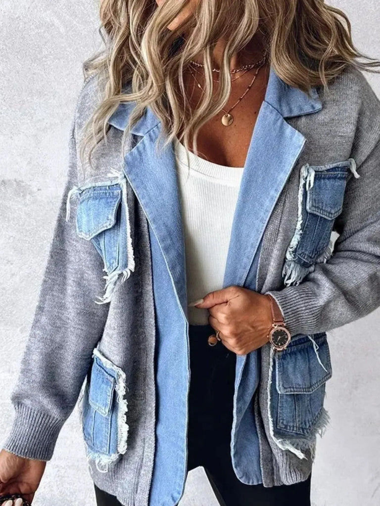 All You Need Is Denim Raw Hem Pocket Patchwork Cardigan