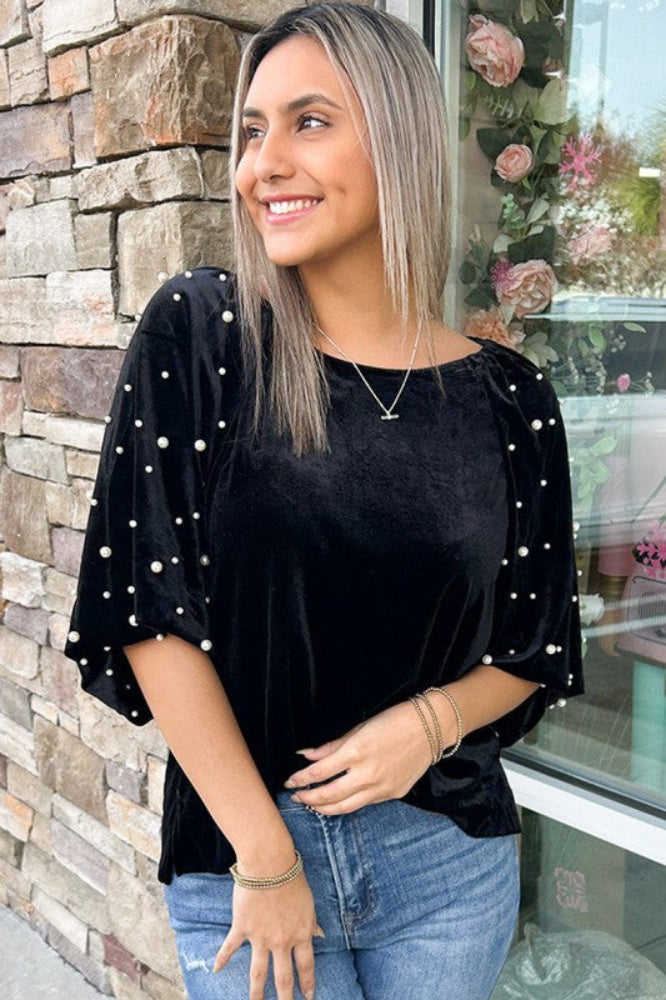 Tis the Season Pearl Beaded Velvet Top