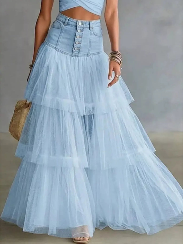 Barn Night Denim and Tulle Maxi Skirt