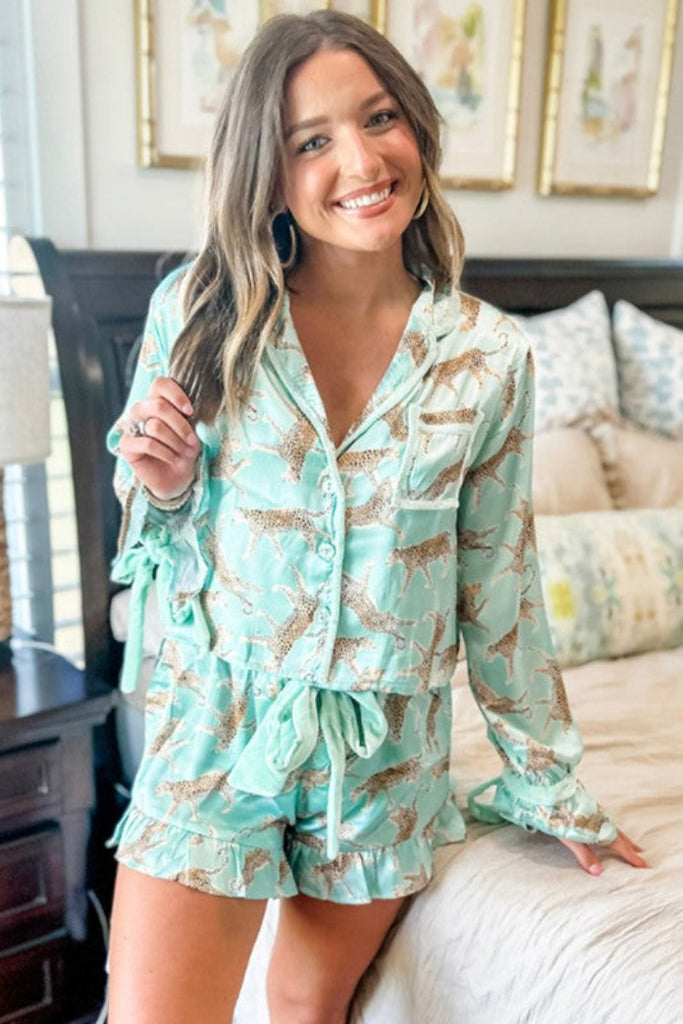 Adorable Leopard Satin Ruffle Pajama  Set