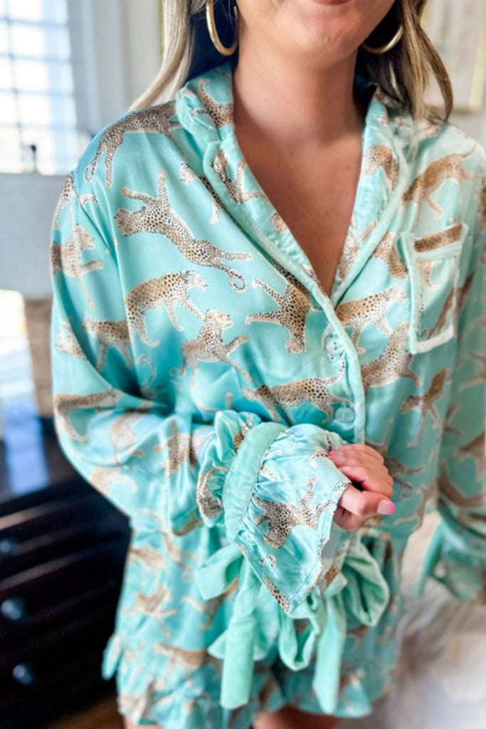 Adorable Leopard Satin Ruffle Pajama  Set