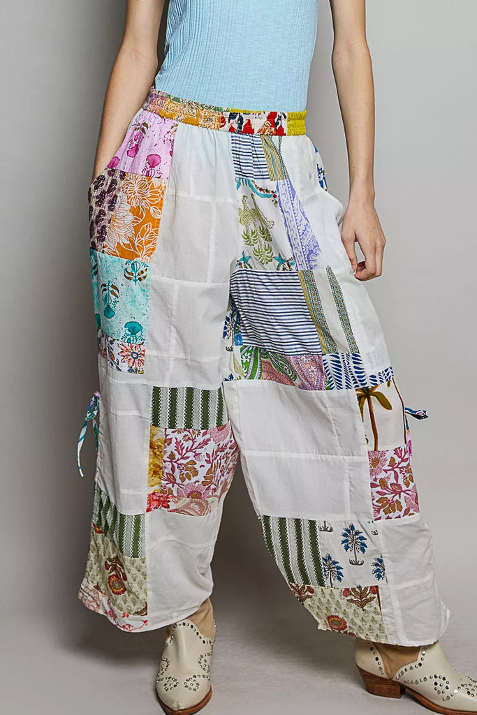 Printed Patchwork Wide Leg Pants with Adjustable Side Drawstring by POL