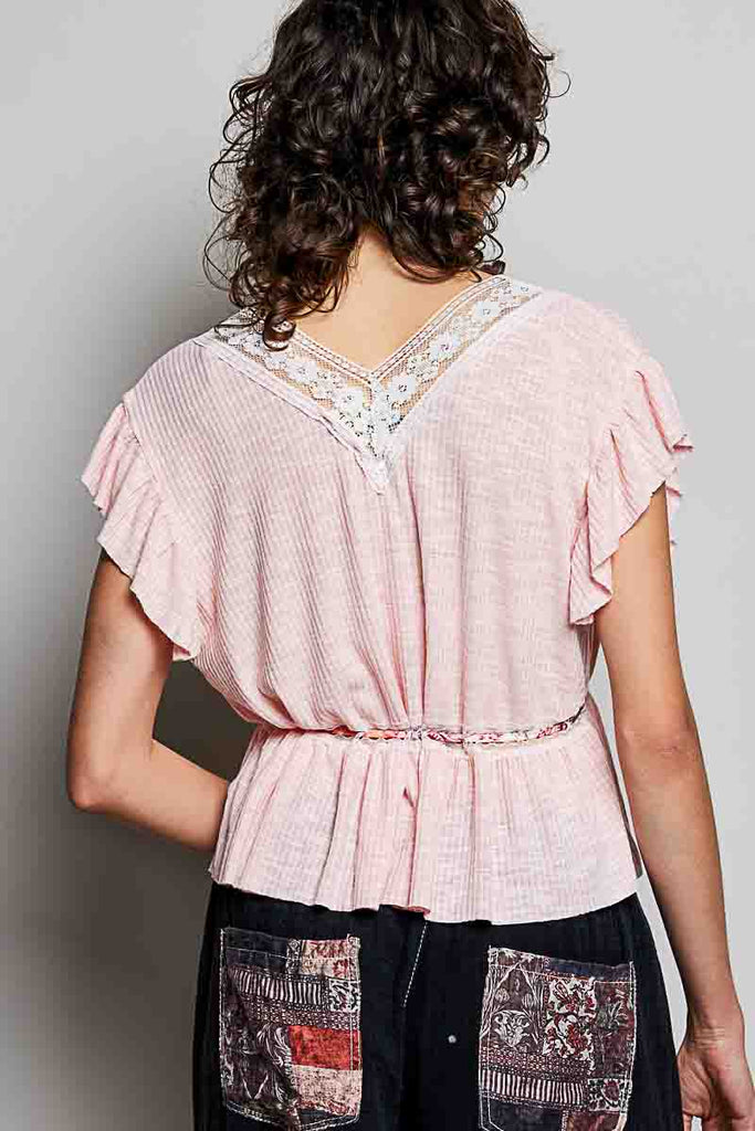 Tied Ruffled Blouse with Lace Detail by POL