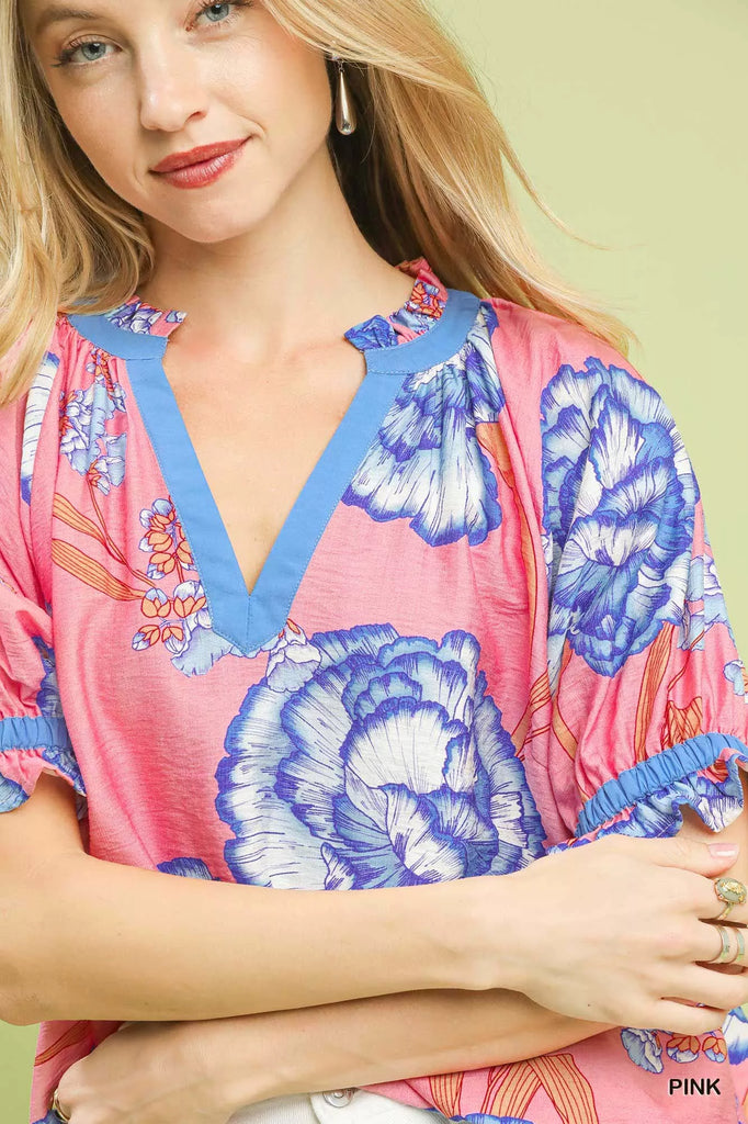 Floral V-Neck Puff Sleeve Blouse by Umgee