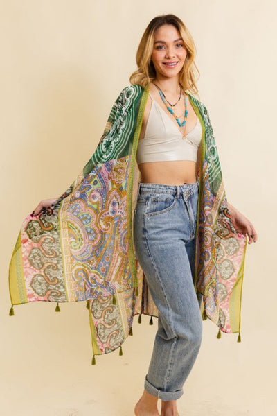 Paisley Print Open Front Kimono with Cinched Arms by Leto