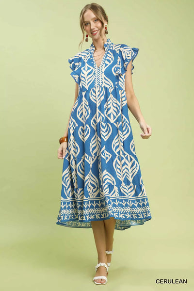 Leaf Print Tiered Midi Dress with Pockets by Umgee