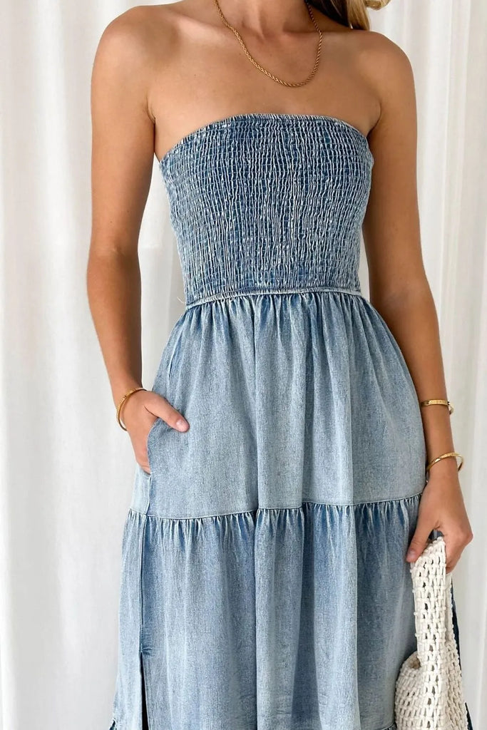 Judy Blue Eyes Smocked Tube Slit Tiered Denim Dress