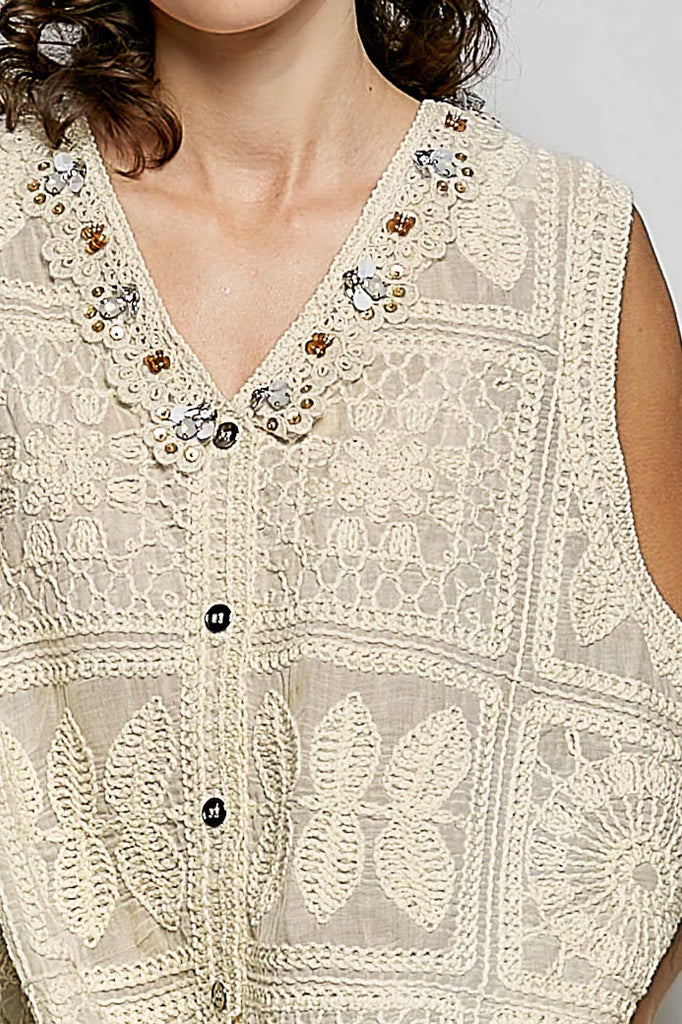 Lace Trim Embroidered Floral Crochet Vest by POL