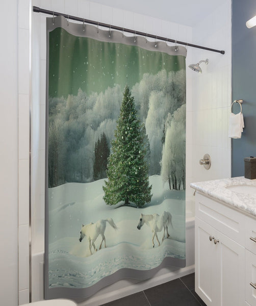 Snowy White Horse Christmas Tree Winter Shower Curtain
