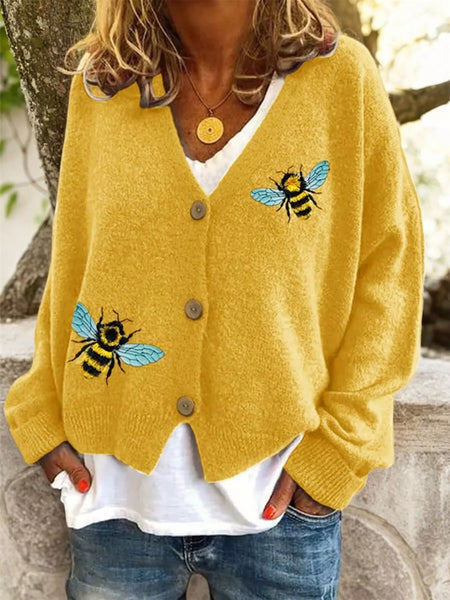 Adorable Bee Embroidered Button-Down Cardigan