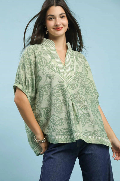 Botanical Print Mixed Trim Tunic Top by Umgee