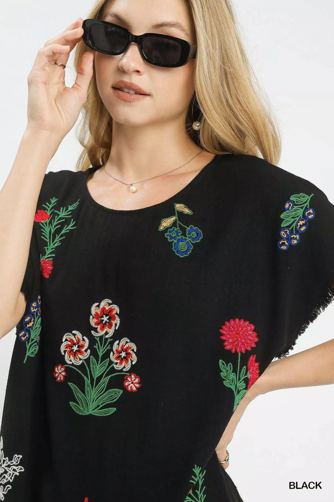 Linen Blend Embroidered Frayed Hem Top by Umgee