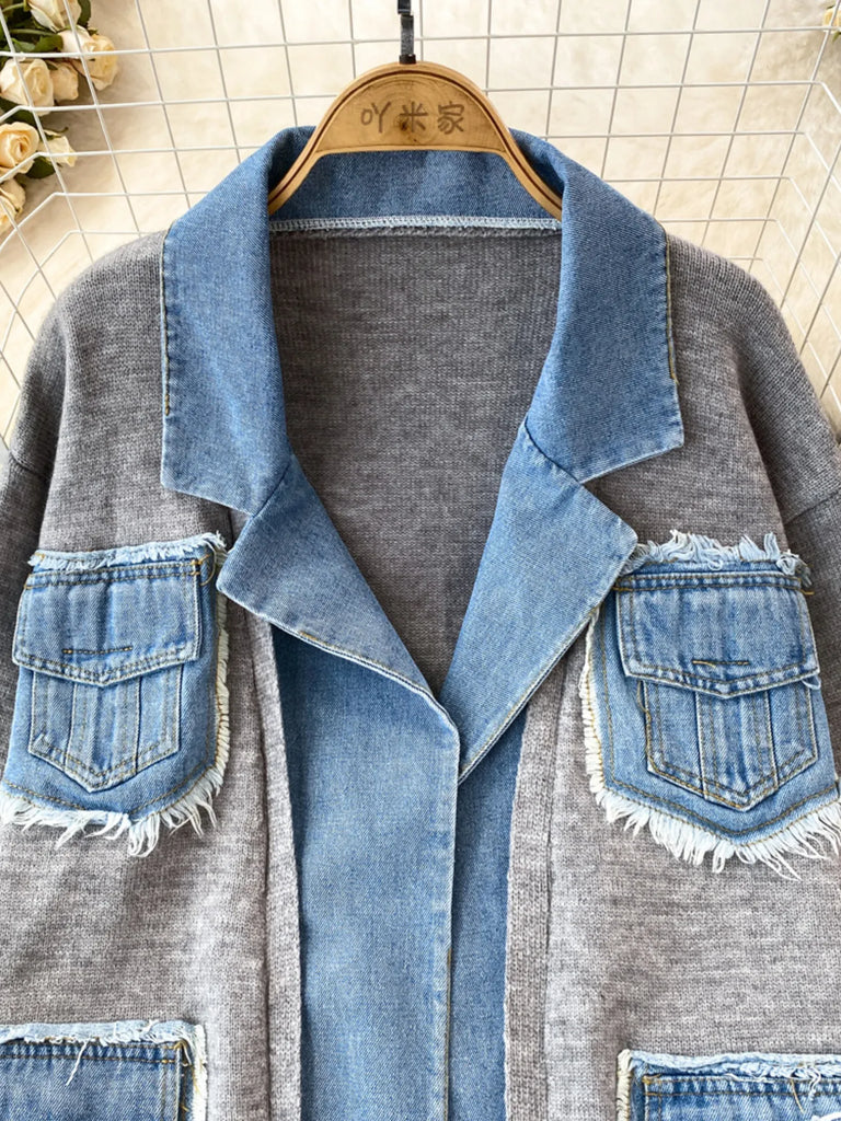 All You Need Is Denim Raw Hem Pocket Patchwork Cardigan