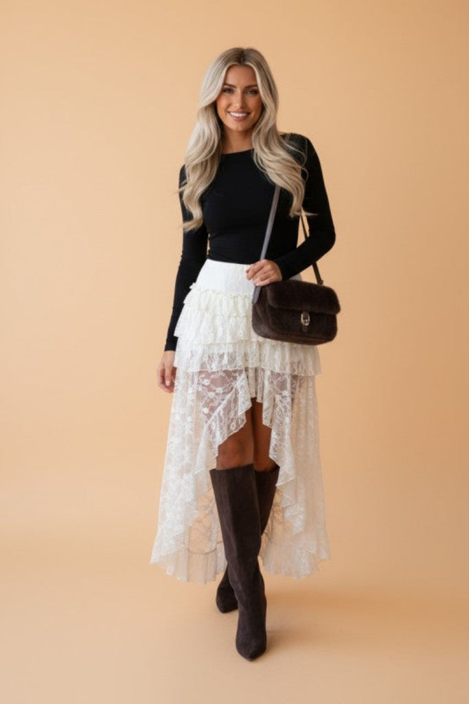 Serenade Me Please Sheer Lace Ruffle Tiered High-Low Skirt