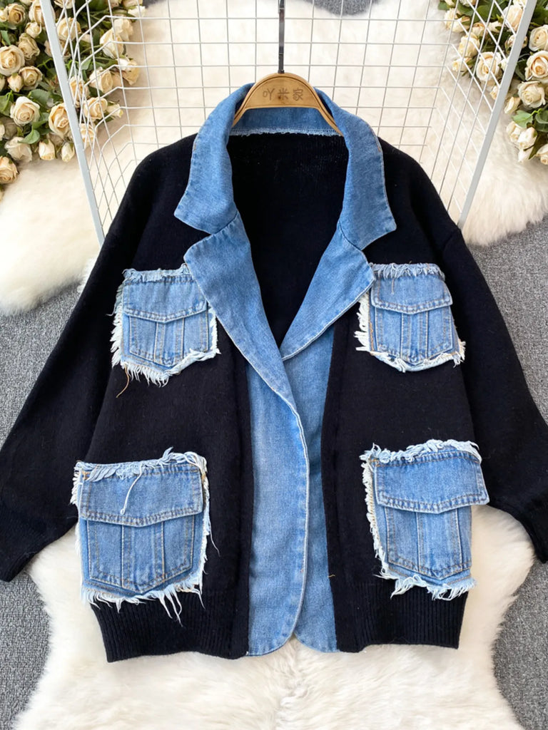 All You Need Is Denim Raw Hem Pocket Patchwork Cardigan