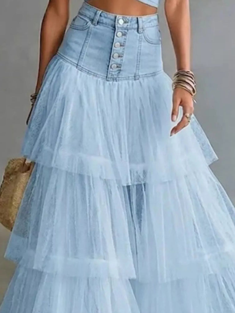 Barn Night Denim and Tulle Maxi Skirt
