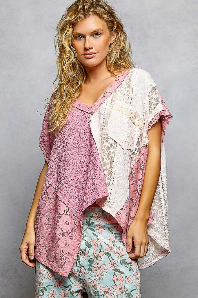 Asymmetrical V-Neck Short Sleeve Lace Top by POL